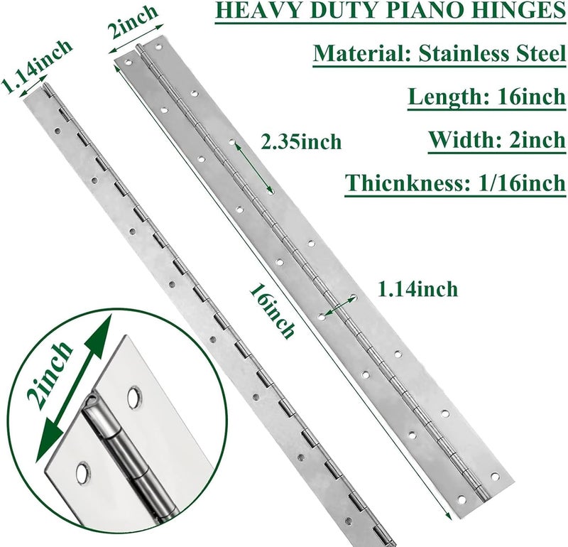 EVANCENT 4Pack Heavy Duty Piano Hinge, 2" Open Width x 16" Continuous & Piano Hinges, 0.06” Thick Stainless Steel Piano Hinge with Holes, Polished Stainless Furniture Hinges for Cabinet Door Cases Woodworking - Image 2